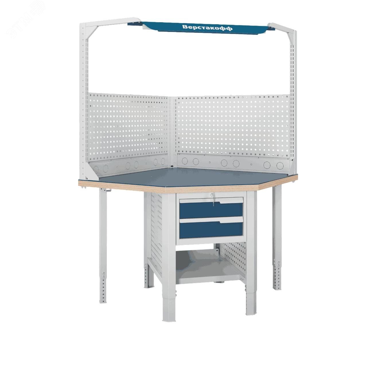 Изображение товара Угловой верстак серии Constructor CTR U532.S1.1-1FR с регулируемой высотой и тумбой