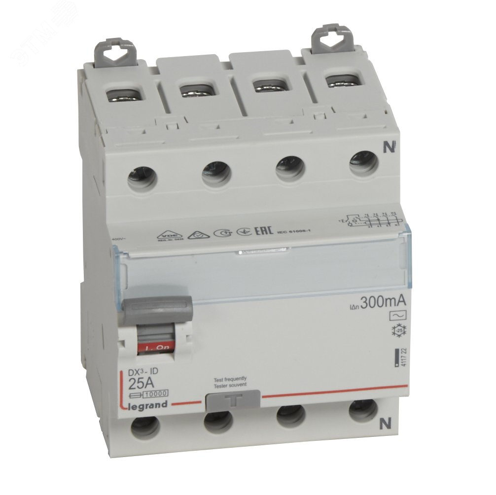 Выключатель дифференциального тока (УЗО) DX3 4П 25А АC 300мА N справа 411722 Legrand - превью 2