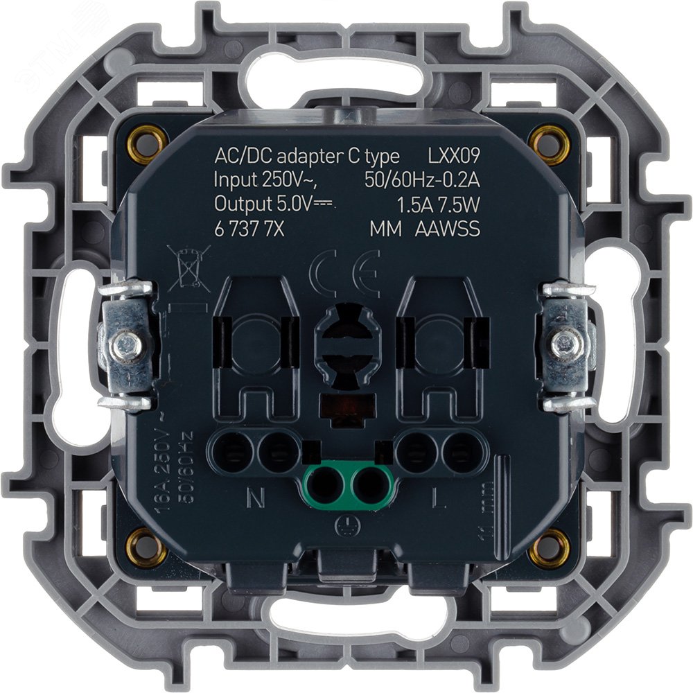 Розетка 2К+З немецкий стандарт 16А 250В со встроенным зарядным устройством USB C 1.5А 5В INSPIRIA алюминий 673772 Legrand - превью 3