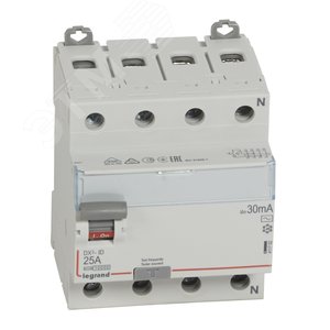 Выключатель дифференциального тока (УЗО) 4п 25А 30мА DX3 АC N справа