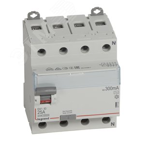 Выключатель дифференциального тока (УЗО) DX3 4П 25А АC 300мА N справа