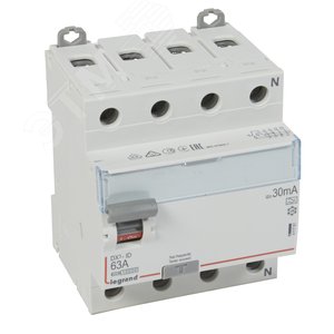 Выключатель дифференциального тока (УЗО) DX3 4П 63А А 30мА N справа