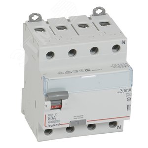 Выключатель дифференциального тока (УЗО) DX3 4П 80А А 30мА N справа
