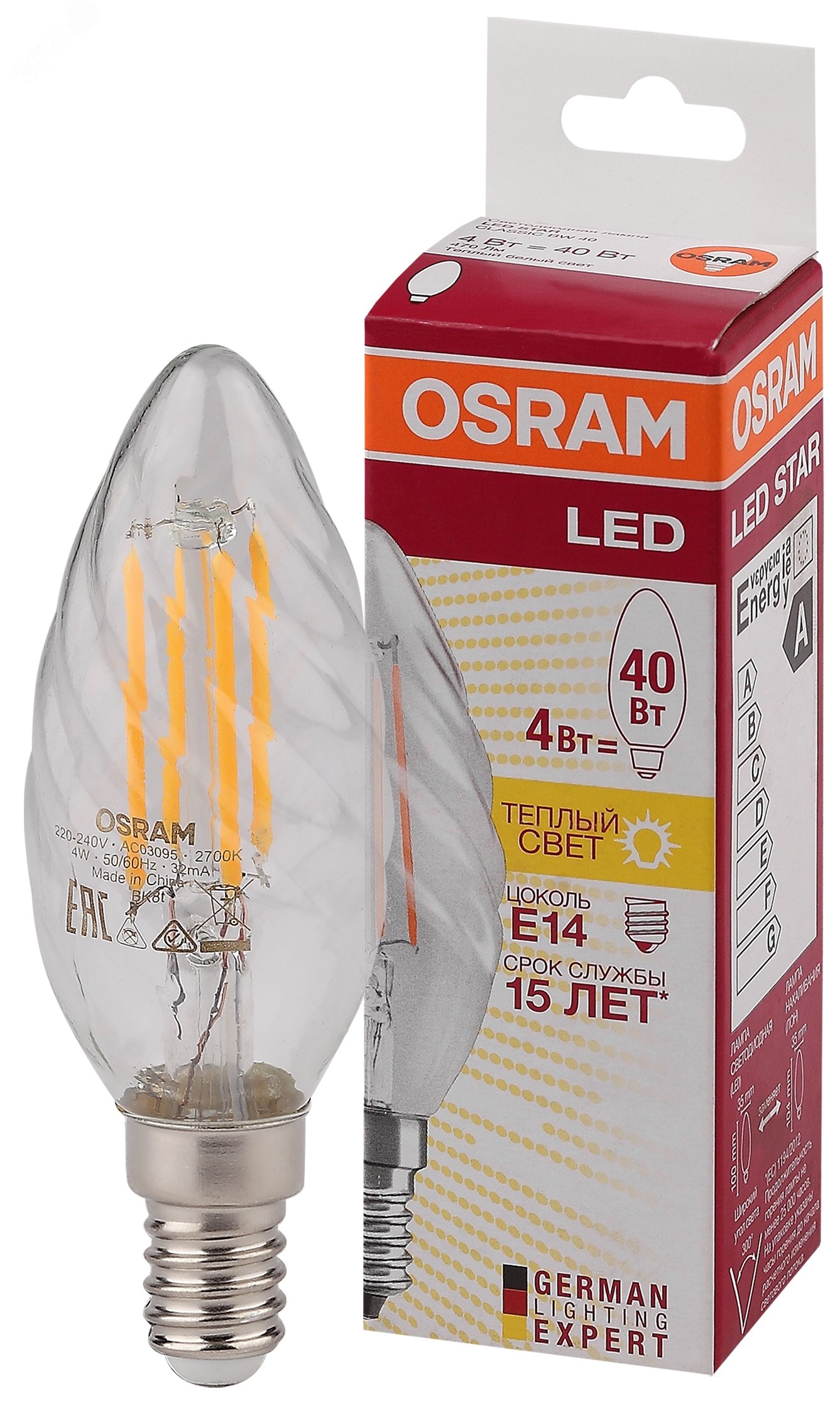 Лампа светодиодная LED 4Вт Е14 FILAMENT CLBW40, тепло-бел, прозр.витая свеча OSRAM 4058075055391 LEDVANCE - превью