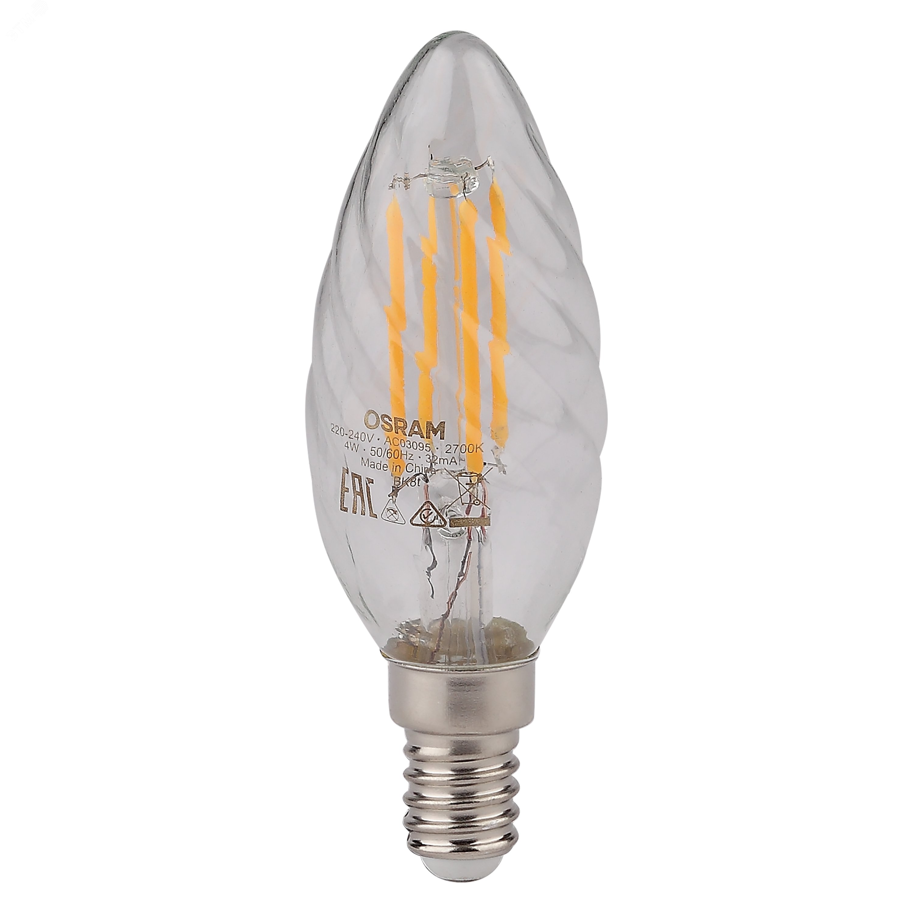Лампа светодиодная LED 4Вт Е14 FILAMENT CLBW40, тепло-бел, прозр.витая свеча OSRAM 4058075055391 LEDVANCE - превью 2