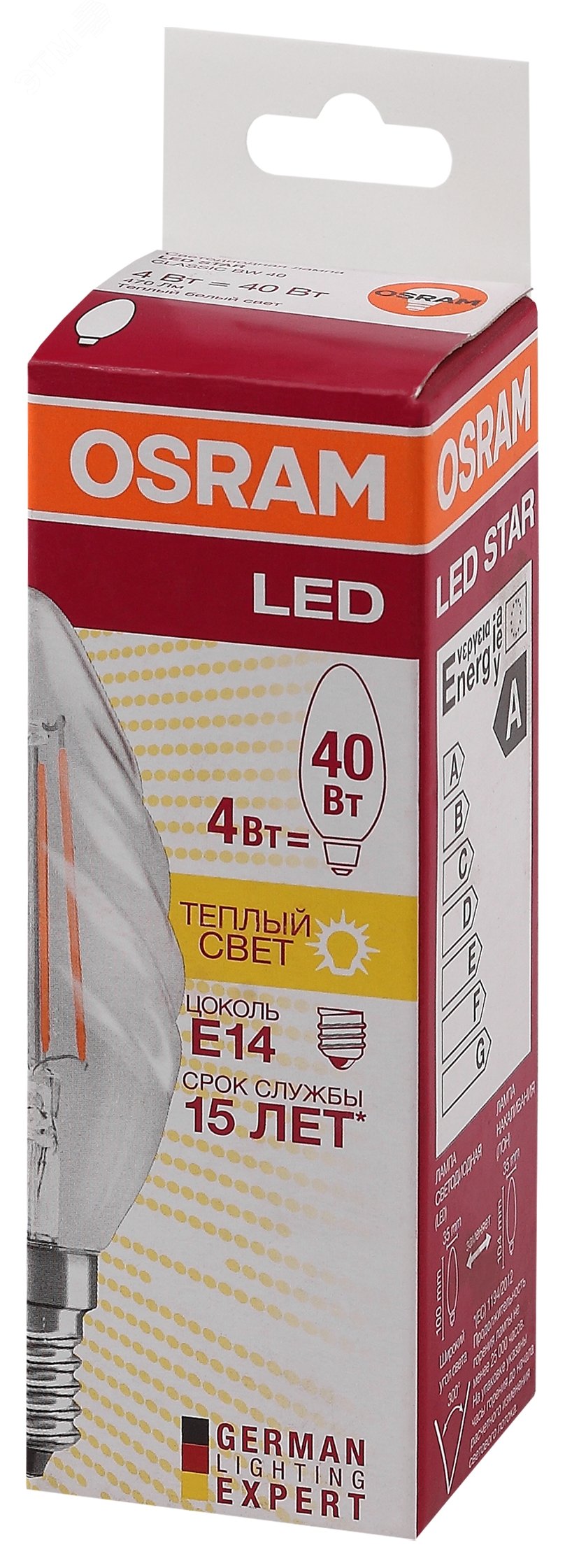 Лампа светодиодная LED 4Вт Е14 FILAMENT CLBW40, тепло-бел, прозр.витая свеча OSRAM 4058075055391 LEDVANCE - превью 3