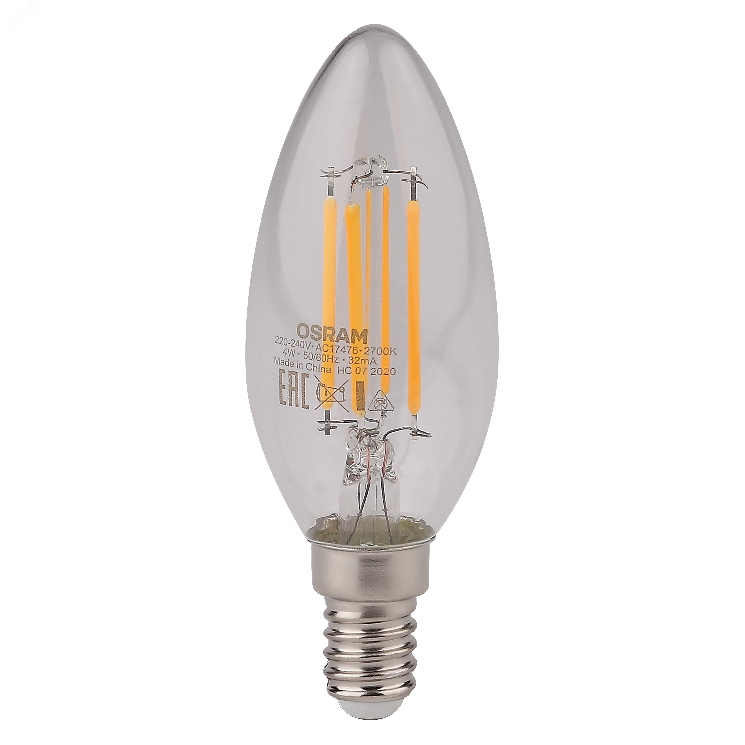 Лампа светодиодная LED 4Вт Е14 FILAMENT CLB40, тепло-бел, прозр.свеча OSRAM 4058075068353 LEDVANCE - превью 2