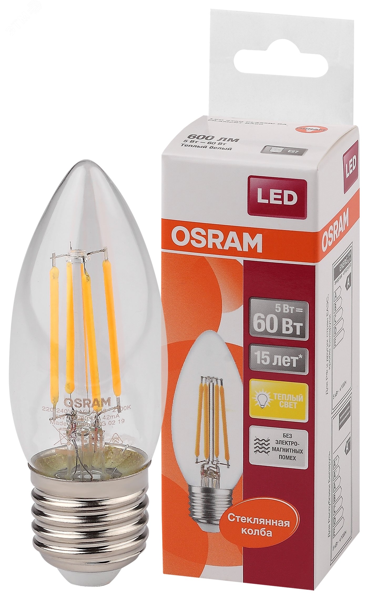 Лампа светодиодная LED 5Вт E27 CLB60 тепло-бел, Filament прозр.свеча OSRAM 4058075212398 LEDVANCE - превью
