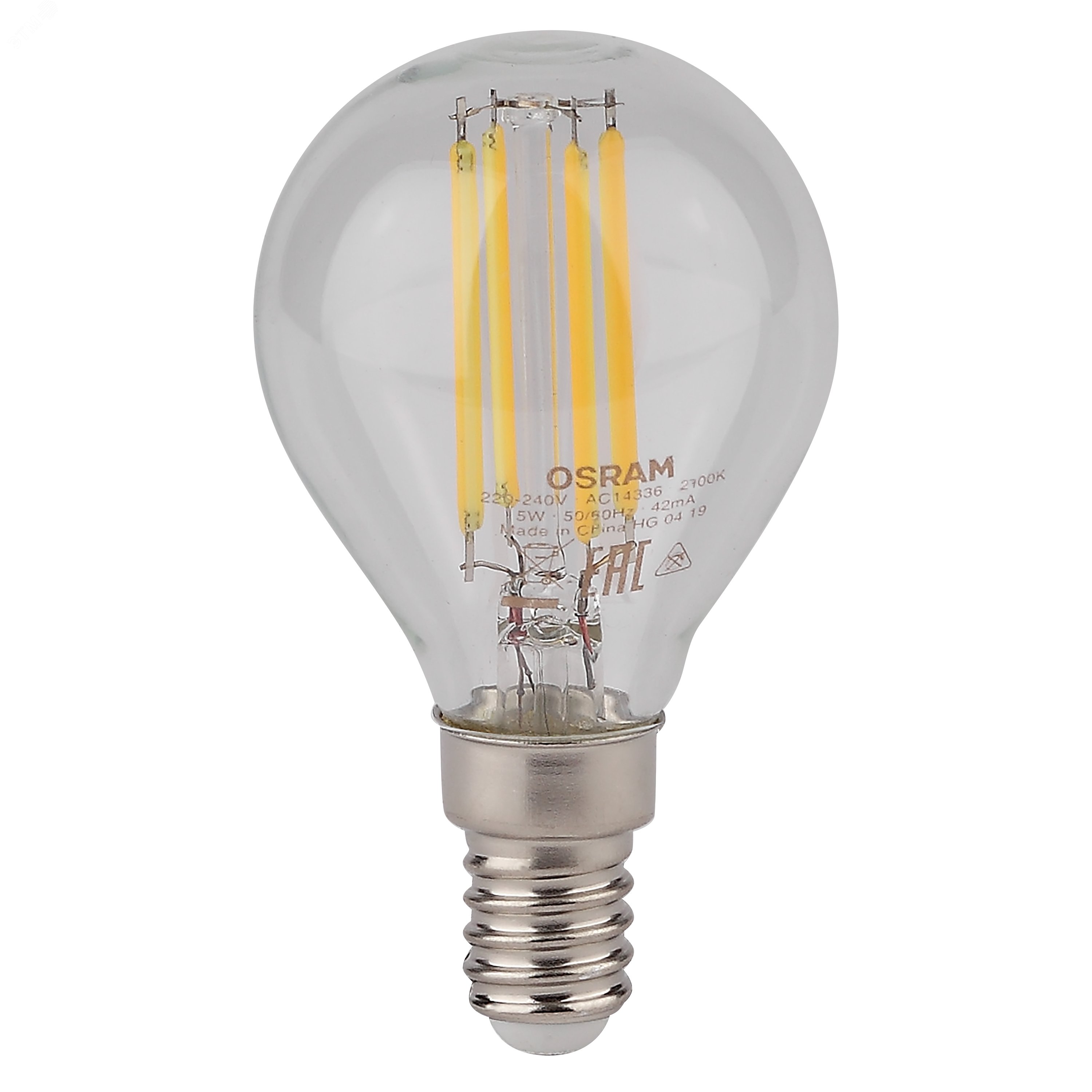 Лампа светодиодная LED 5Вт E14 CLP60 тепло-бел, Filament прозр.шар OSRAM 4058075212459 LEDVANCE - превью 2
