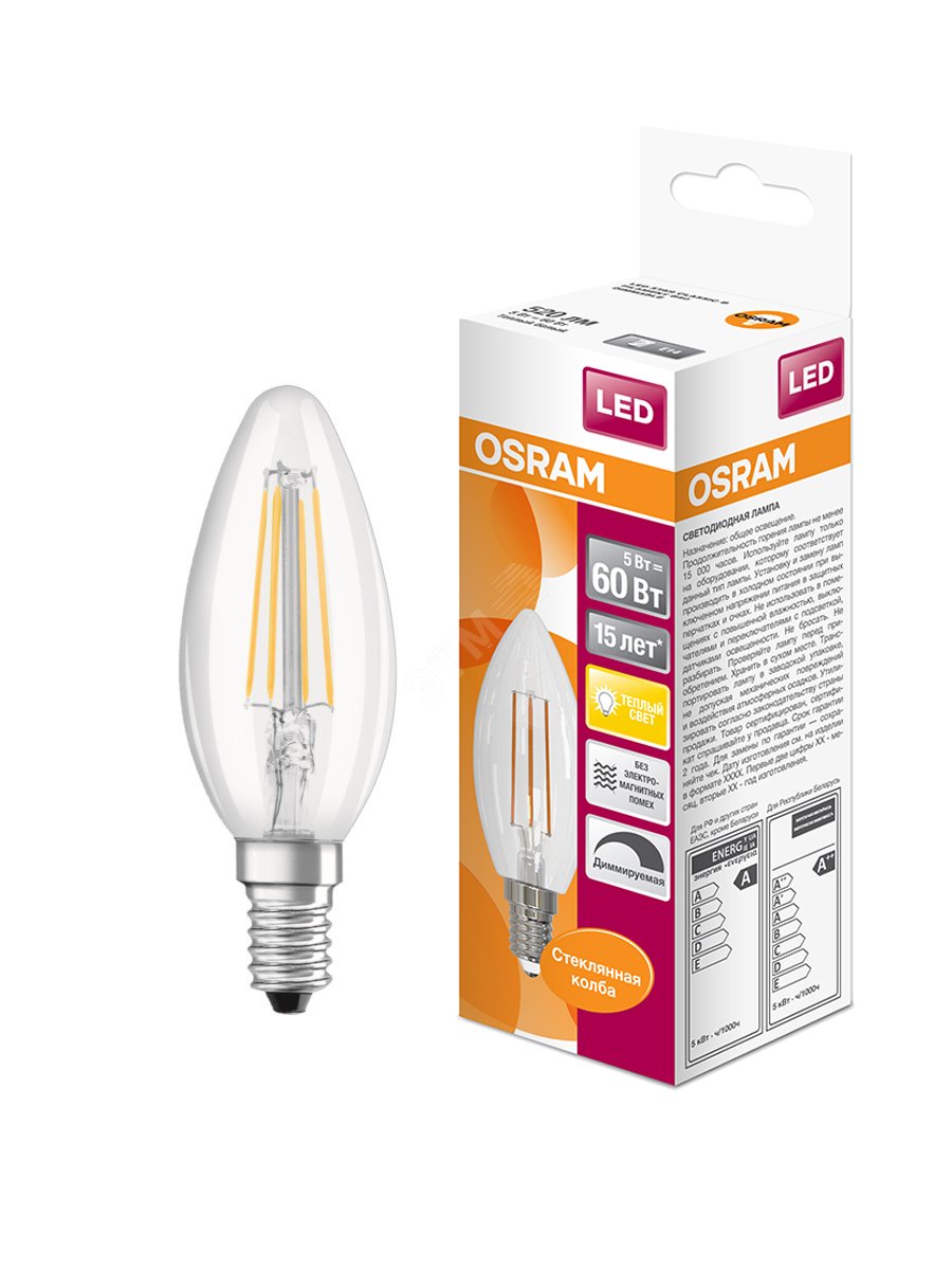 Лампа светодиодная LED 5Вт E14 CLB60D тепло-бел, Filament диммируемая ...