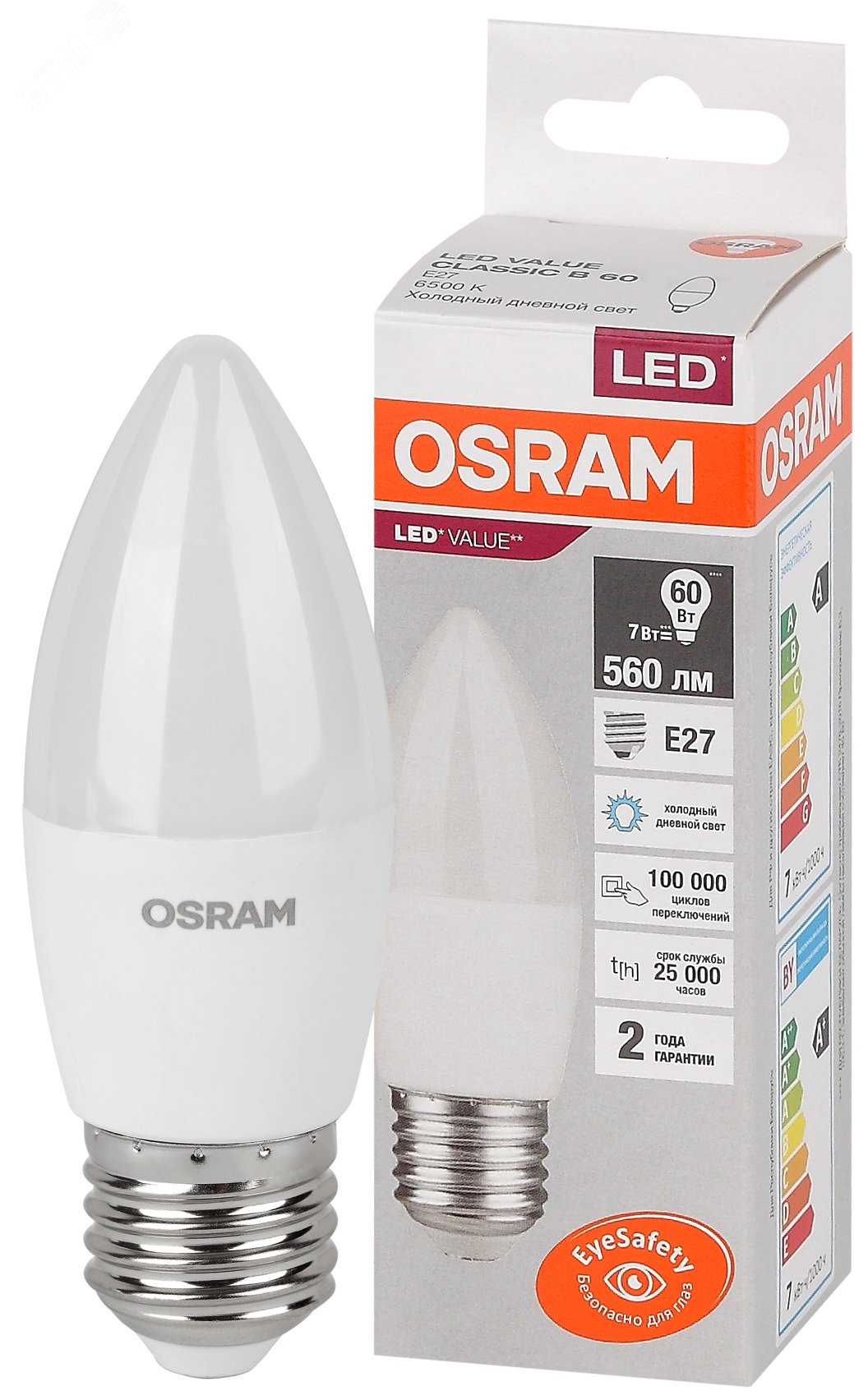 Лампа светодиодная LED 7 Вт E27 6500К 560Лм свеча 220 В (замена 60Вт) OSRAM 4058075579507 LEDVANCE - превью 2