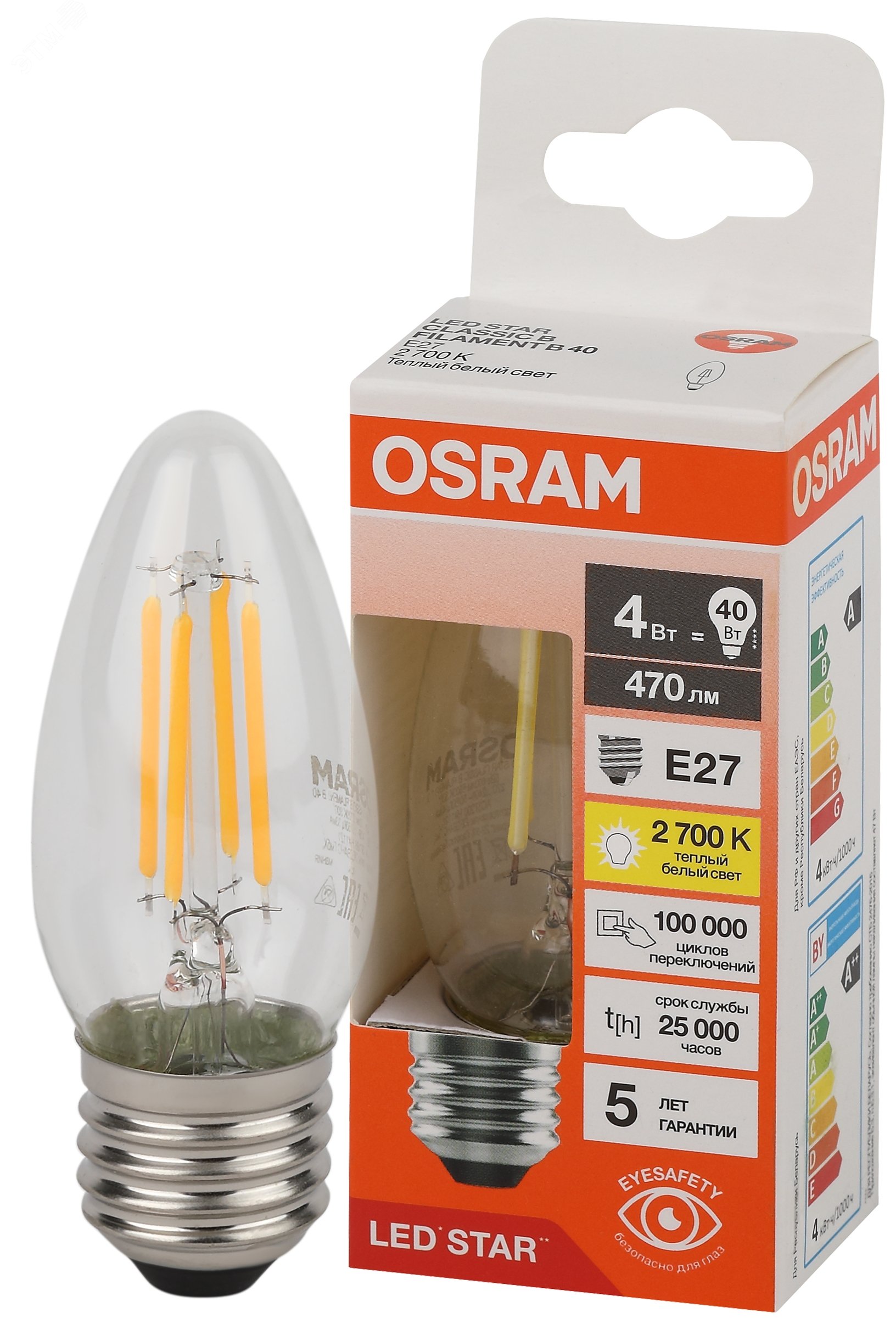 Лампа светодиодная филаментная LED Star Свеча 4Вт (замена 40Вт), 470Лм, 2700К, цоколь E27 OSRAM 4058075687813 LEDVANCE - превью 2