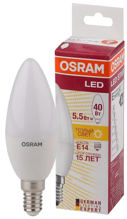 Лампа светодиодная LED 5.7Вт E14 LS CLB40 теплый, матовая свеча Osram 971608 LEDVANCE - превью