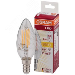 Лампа светодиодная LED 4Вт Е14 FILAMENT CLBW40, тепло-бел, прозр.витая свеча OSRAM