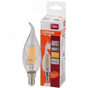 Лампа светодиодная LED 4Вт Е14 FILAMENT CLBA40, тепло-бел, прозр.свеча на ветру OSRAM