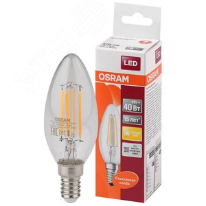 Лампа светодиодная LED 4Вт Е14 FILAMENT CLB40, тепло-бел, прозр.свеча OSRAM