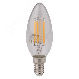 Лампа светодиодная LED 4Вт Е14 FILAMENT CLB40, тепло-бел, прозр.свеча OSRAM 4058075068353 LEDVANCE - 2