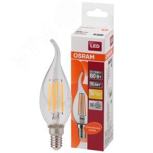 Лампа светодиодная LED 5Вт E14 CLB60 тепло-бел, Filament прозр.свеча на ветру OSRAM