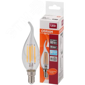 Лампа светодиодная LED 5Вт E14 CLB60 белый, Filament прозр.свеча на ветру OSRAM
