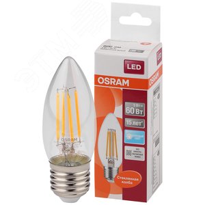 Лампа светодиодная LED 5Вт E27 CLB60 белый, Filament прозр.свеча OSRAM