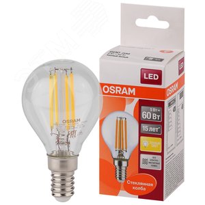 Лампа светодиодная LED 5Вт E14 CLP60 тепло-бел, Filament прозр.шар OSRAM