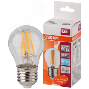 Лампа светодиодная LED 5Вт E27 CLP60 белый, Filament прозр.шар OSRAM