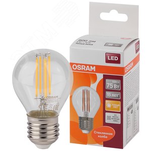 Лампа светодиодная LED 6Вт E27 CLP75 тепло-бел, Filament прозр.шар OSRAM
