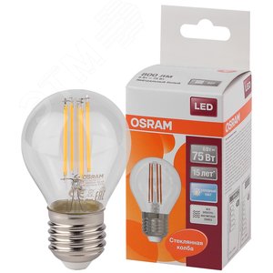 Лампа светодиодная LED 6Вт E27 CLP75 белый, Filament прозр.шар OSRAM