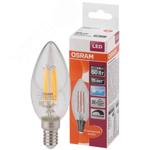 Лампа светодиодная LED 5Вт E14 CLB60D белый, Filament диммируемая,прозр.свеча OSRAM