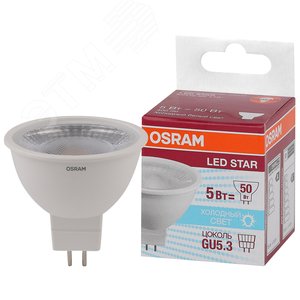 Лампа светодиодная LED 5Вт GU5.3 5000К 400лм 230V CL MR16 (замена 50Вт) OSRAM LS