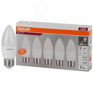 Лампа светодиодная LED 7 Вт E27 6500К 560Лм свеча 220 В (замена 60Вт) OSRAM упак 5 шт