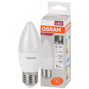 Лампа светодиодная LED 7 Вт E27 6500К 560Лм свеча 220 В (замена 60Вт) OSRAM (4058075579507)