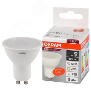 Лампа светодиодная LED 5 Вт GU10 3000К 400Лм спот 220 В (замена 35Вт) OSRAM