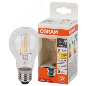 Лампа светодиодная филаментная LED Star Грушевидная 5Вт (замена 60Вт), 600Лм, 2700К, цоколь E27 OSRAM