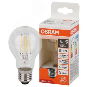 Лампа светодиодная филаментная LED Star Грушевидная 5Вт (замена 60Вт), 600Лм, 4000К, цоколь E27 OSRAM - фото 1