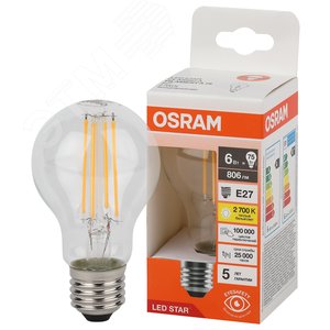 Лампа светодиодная филаментная LED Star Грушевидная 6Вт (замена 75Вт), 750Лм, 2700К, цоколь E27 OSRAM