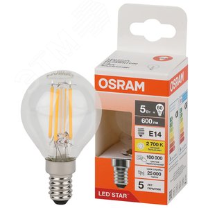 Лампа светодиодная филаментная LED Star Шарообразная 5Вт (замена 60Вт), 600Лм, 2700К, цоколь E14 OSRAM