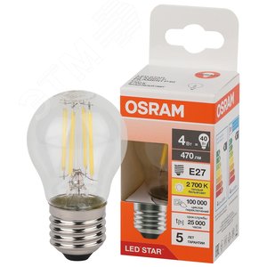 Лампа светодиодная филаментная LED Star Шарообразная 4Вт (замена 40Вт), 480Лм, 2700К, цоколь E27 OSRAM