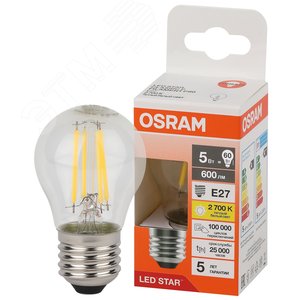 Лампа светодиодная филаментная LED Star Шарообразная 5Вт (замена 60Вт), 600Лм, 2700К, цоколь E27 OSRAM