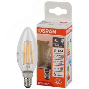 Лампа светодиодная филаментная LED Star Свеча 6Вт (замена 75Вт), 800Лм, 4000К, цоколь E14 OSRAM