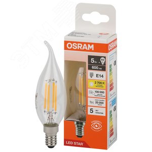 Лампа светодиодная филаментная LED Star Свеча на ветру 5Вт (замена 60Вт), 600Лм, 2700К, цоколь E14 OSRAM