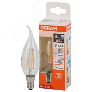 Лампа светодиодная филаментная LED Star Свеча на ветру 5Вт (замена 60Вт), 600Лм, 4000К, цоколь E14 OSRAM