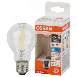 Лампа светодиодная филаментная LED Star Грушевидная 7,5Вт (замена 100Вт), 1055Лм, 6500К, цоколь E27 OSRAM - фото 1