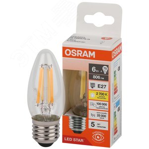 Лампа светодиодная филаментная LED Star Свеча 6Вт (замена 75Вт), 806Лм, 4000К, цоколь E27 OSRAM