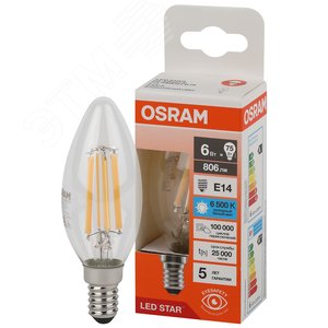 Лампа светодиодная филаментная LED Star Свеча 6Вт (замена 75Вт), 806Лм, 6500К, цоколь E14 OSRAM