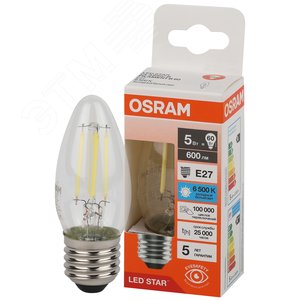 Лампа светодиодная филаментная LED Star Свеча 5Вт (замена 60Вт), 600Лм, 6500К, цоколь E27 OSRAM