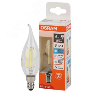 Лампа светодиодная филаментная LED Star Свеча на ветру 6Вт (замена 75Вт), 806Лм, 6500К, цоколь E14 OSRAM
