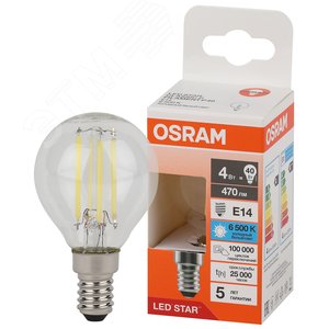 Лампа светодиодная филаментная LED Star Шарообразная 4Вт (замена 40Вт), 470Лм, 6500К, цоколь E14 OSRAM