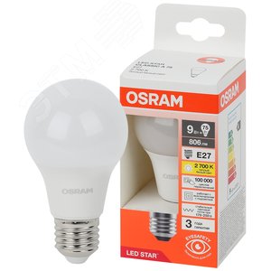 Лампа светодиодная LED Star Грушевидная 9Вт (замена 75Вт), 806Лм, 2700К, цоколь E27 OSRAM