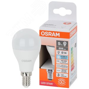 Лампа светодиодная LED Star Шарообразная 9Вт (замена 75Вт), 806Лм, 3000К, цоколь E14 OSRAM